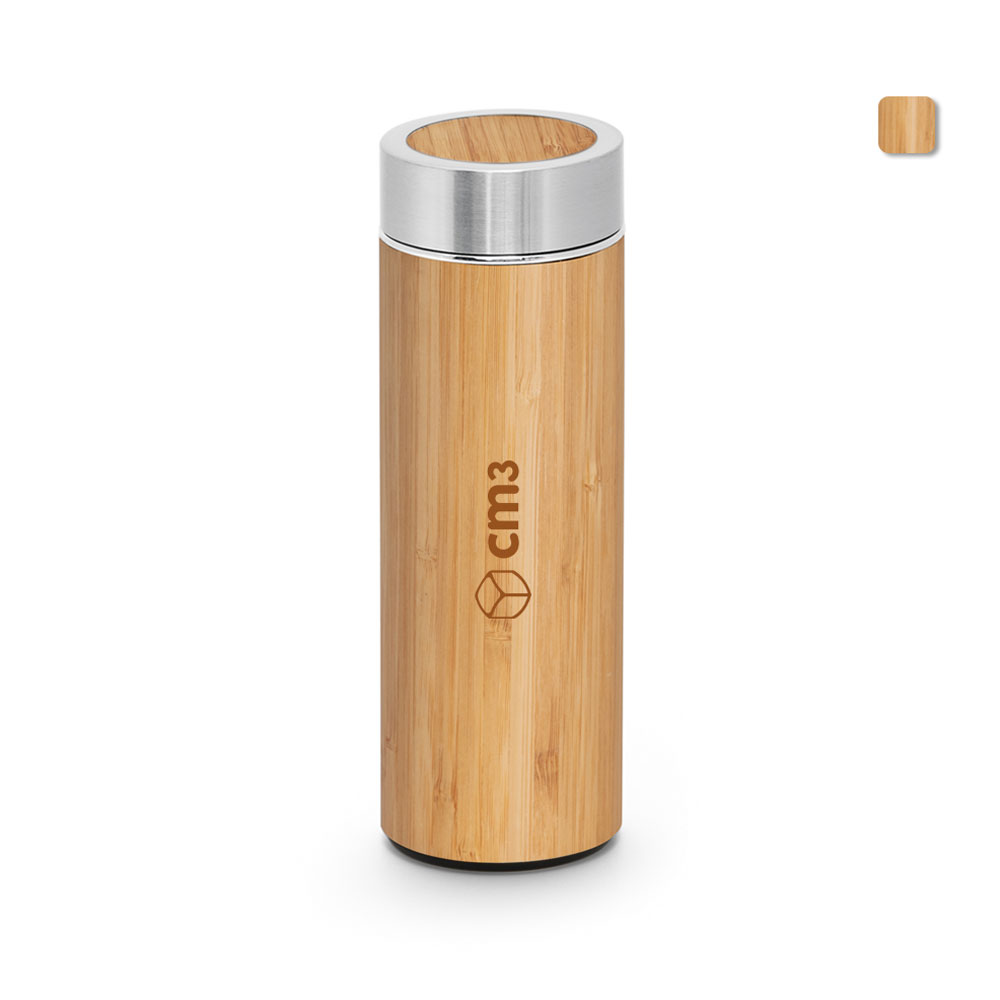 Brindes Personalizados - Garrafa Metal e Bambu Térmica 400ml Personalizada