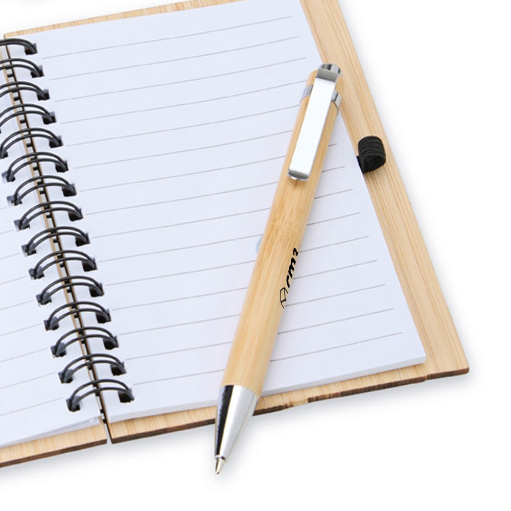 Brindes Personalizados - Caderno de Anotações Bambu Pautado com Caneta Personalizado